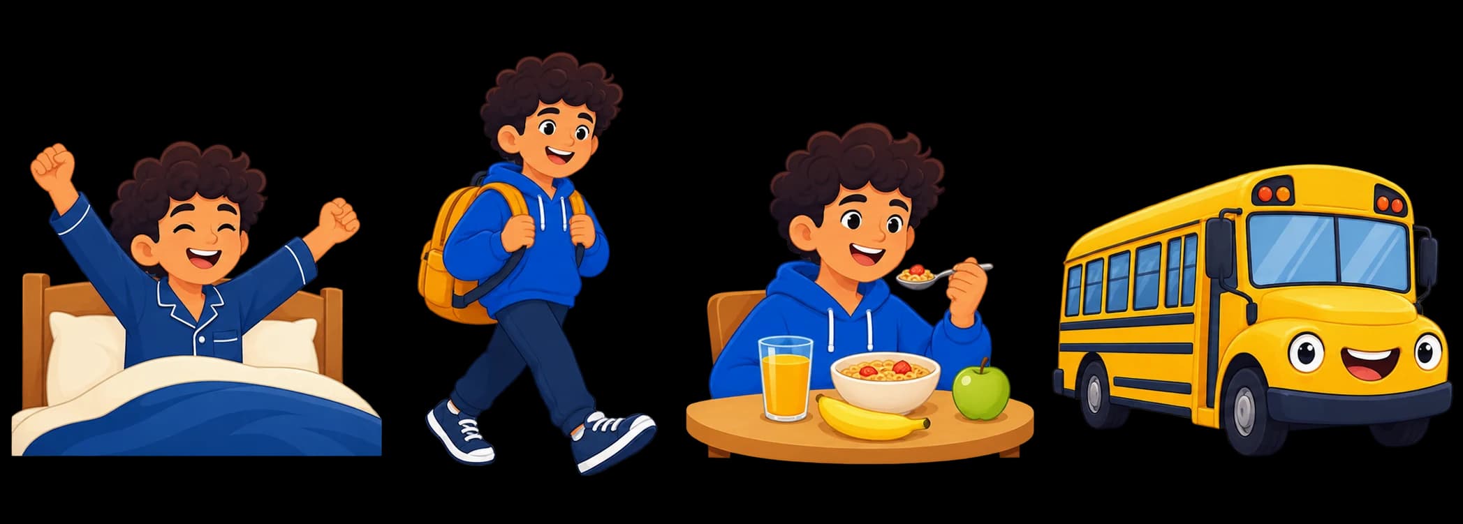 Wake up, walk to school, have breakfast, take the bus
